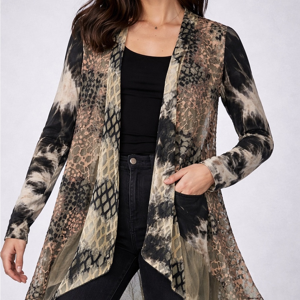 Omango Mixed Media Boho Cardigan S/M Abstract Patchwork Mesh Kimono Duster